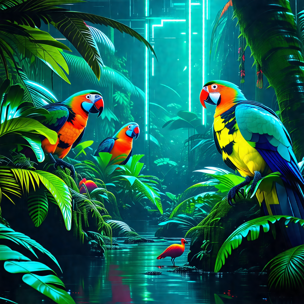Lush green forest with a group of colorful birds perched ...