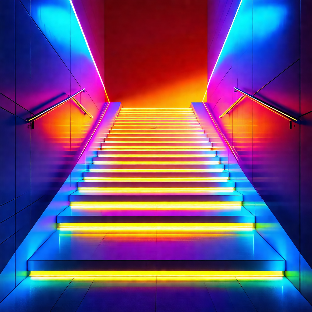Staircase with a rainbow-colored light illuminating the s...