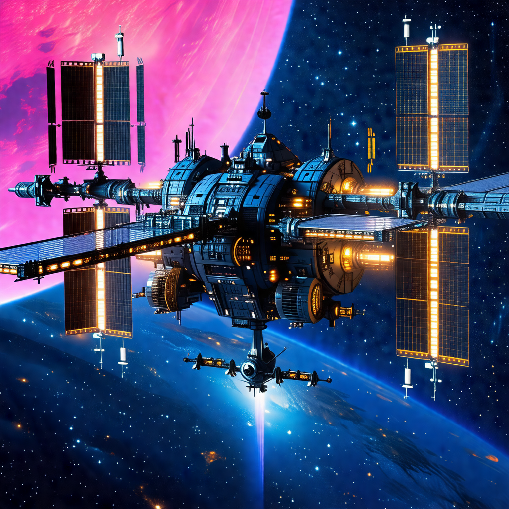 Futuristic space scene featuring a large spacecraft with ...