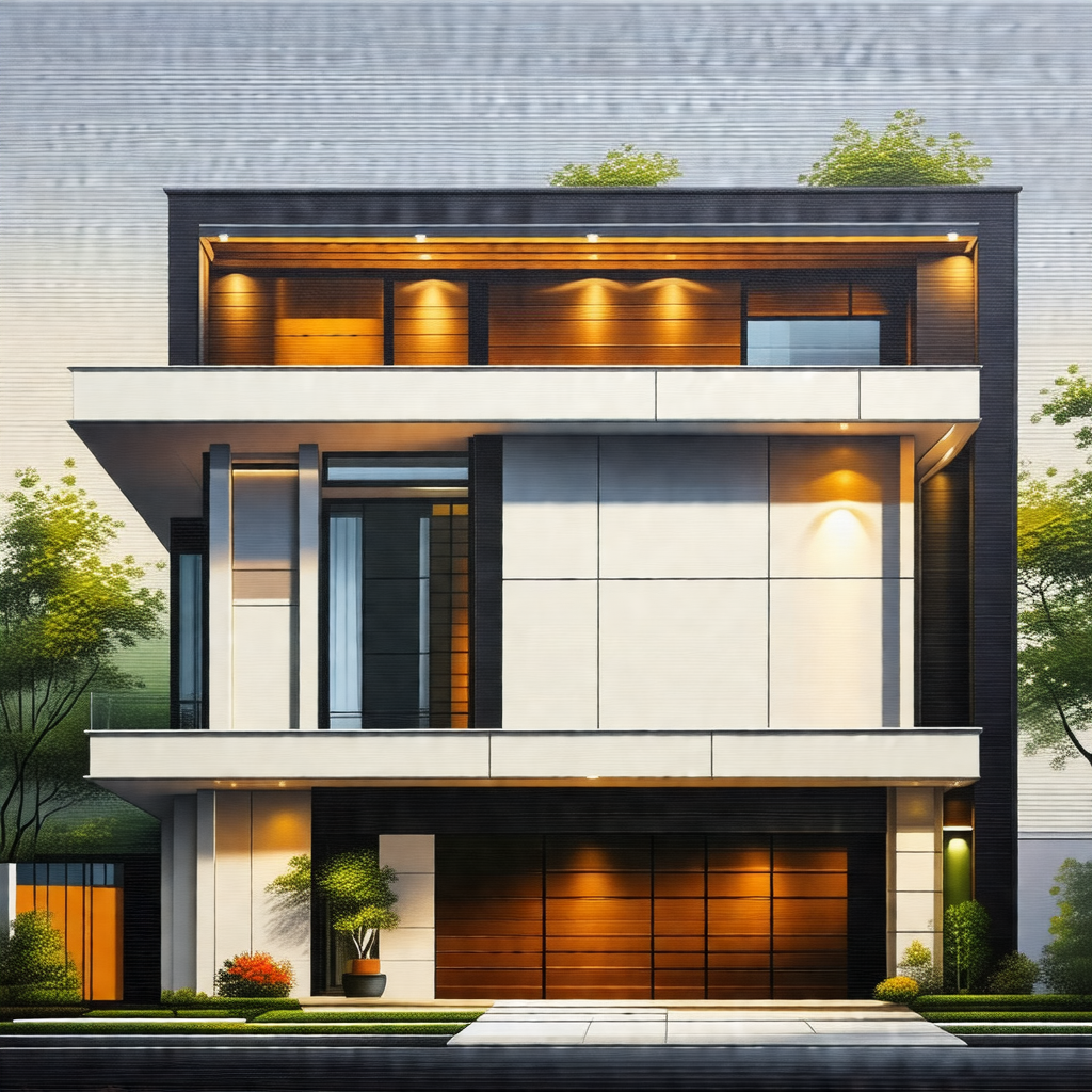 Drawing of a large, modern-looking house with a white ext...