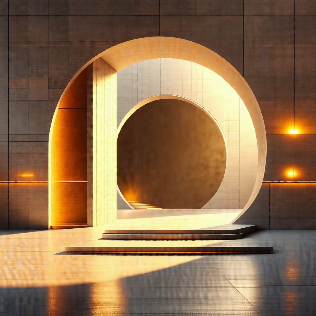 Large, round, and open doorway with a golden hue