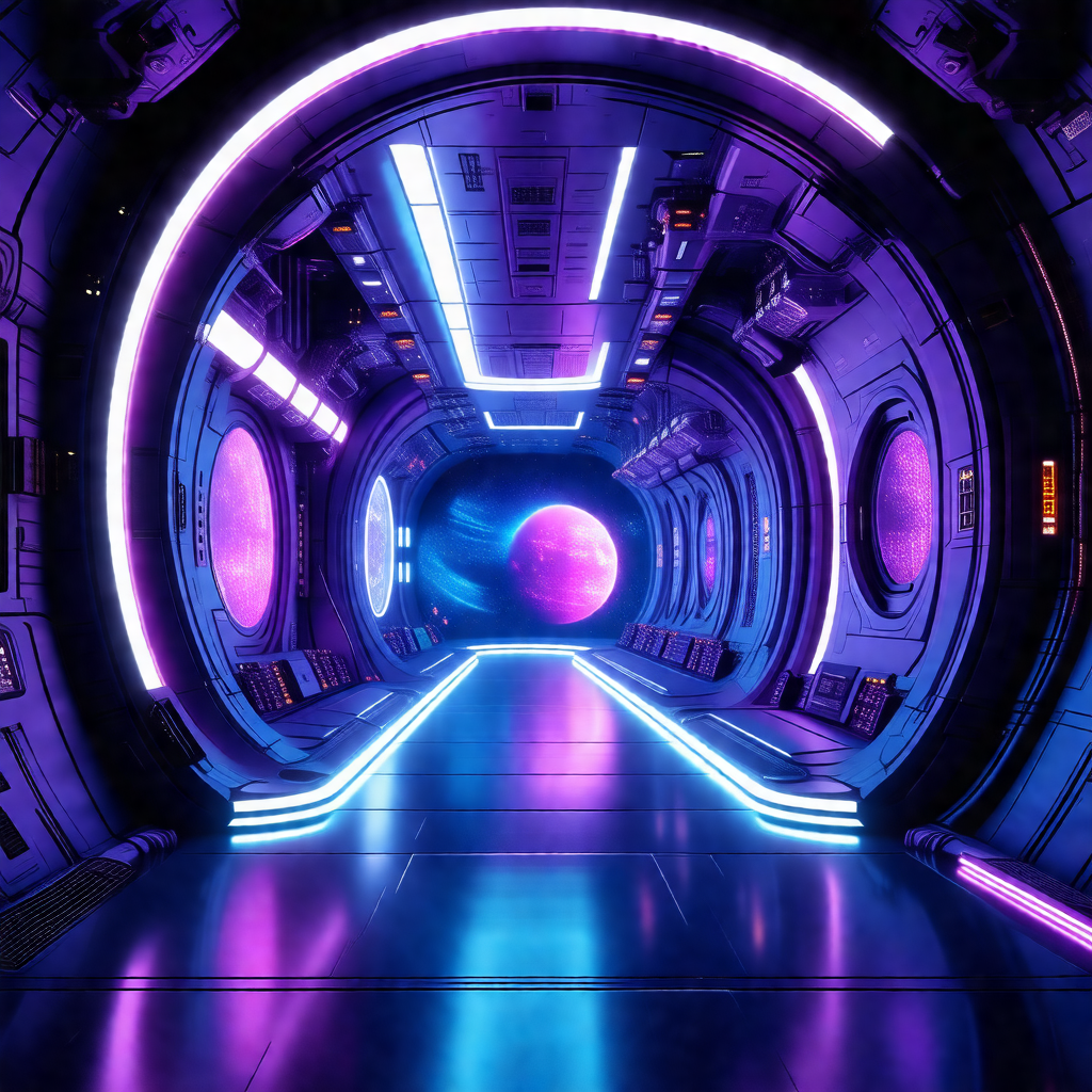 Futuristic space station with a purple-lit hallway