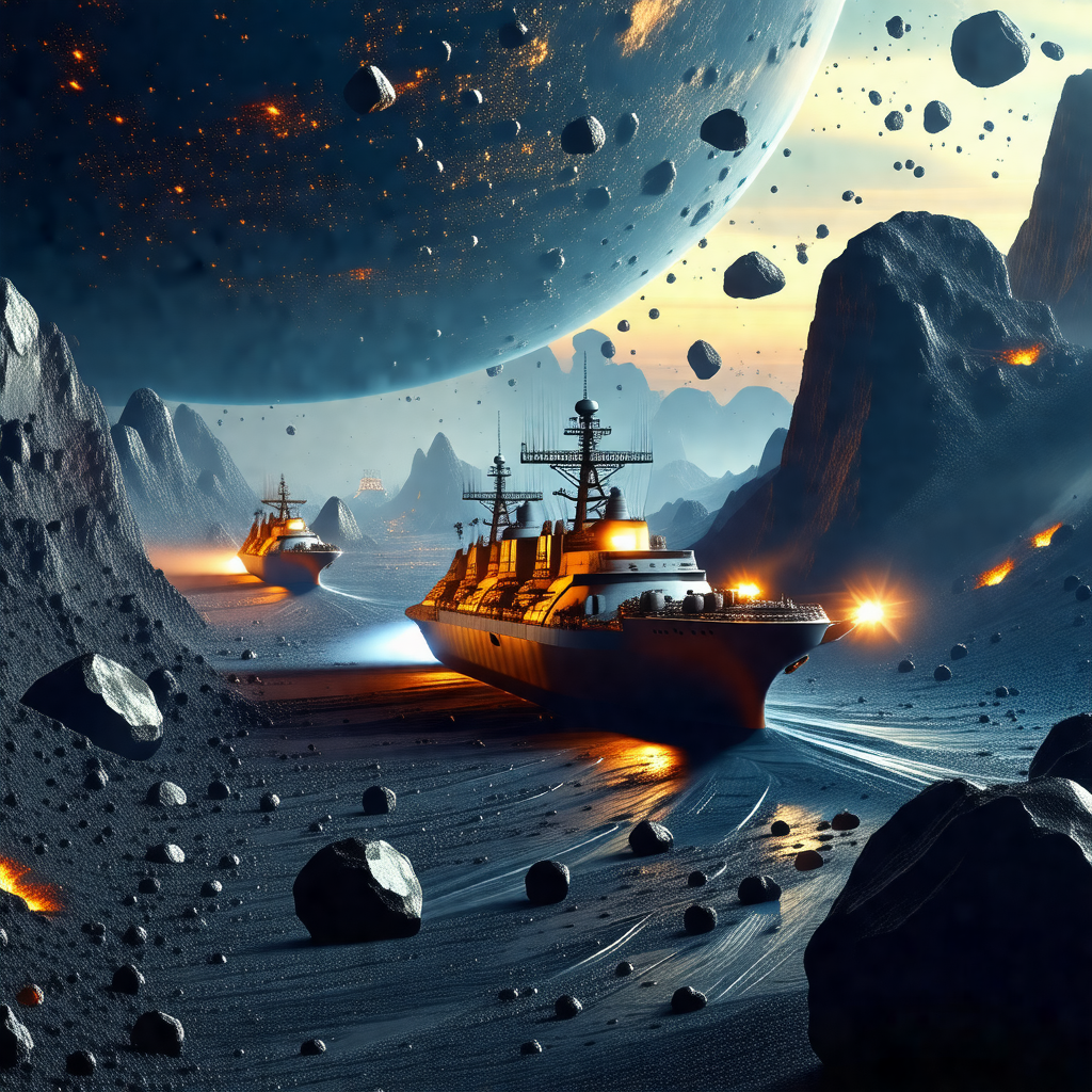 Large ship sailing through a space filled with various ce...