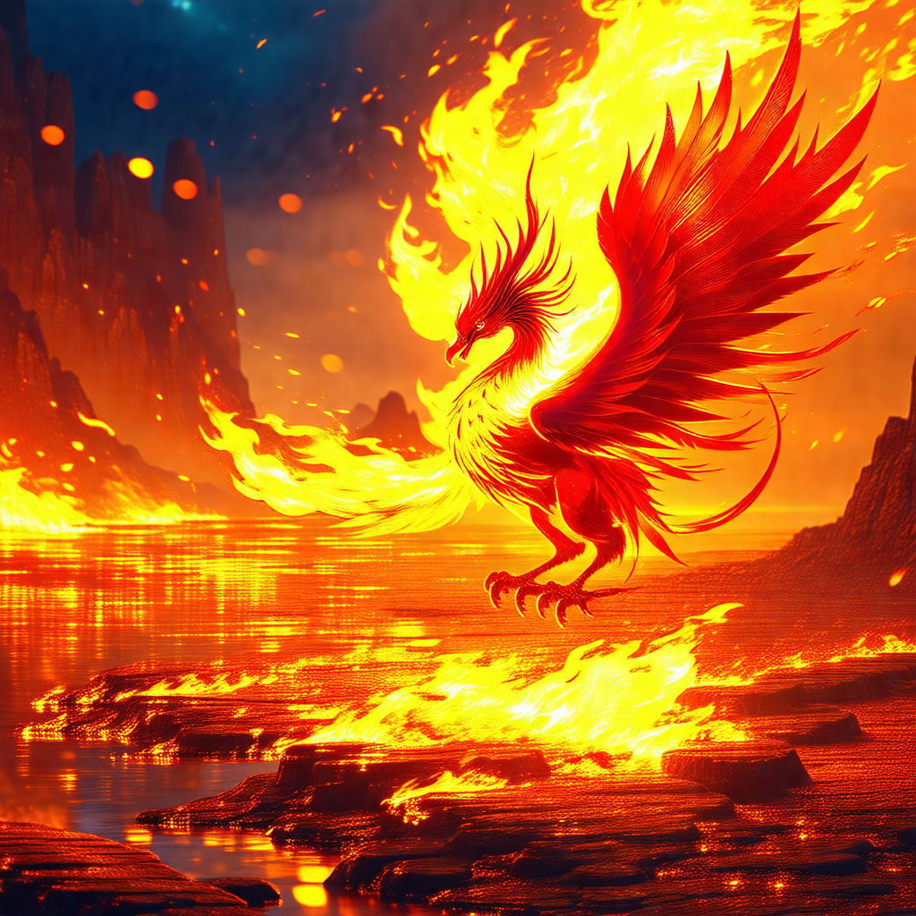 Large, fiery red dragon with a long tail, standing on a r...