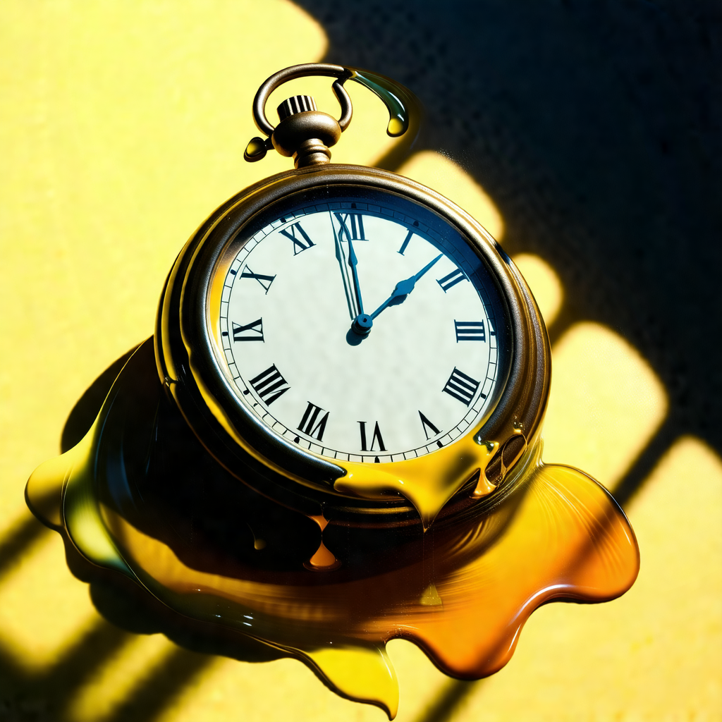 Clock sitting on a table, with a yellow liquid dripping o...