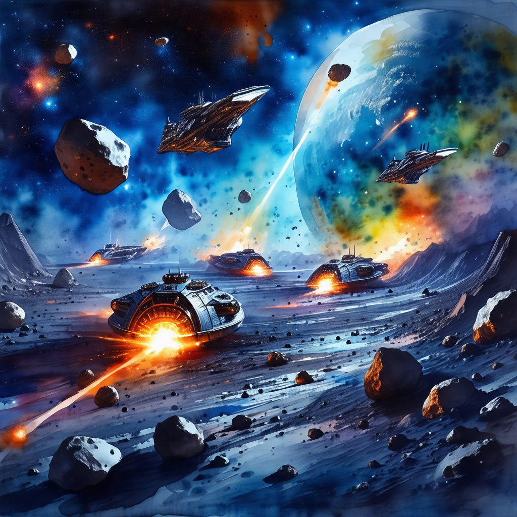 Futuristic battle scene with various spaceships and rocke...