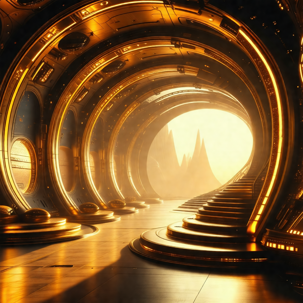 Futuristic city with a long, winding hallway that leads t...