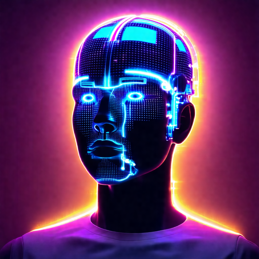 Close-up of a person's head, with a blue and purple glow ...