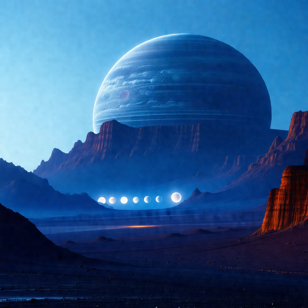 Large, dark planet with a ring of moons surrounding it