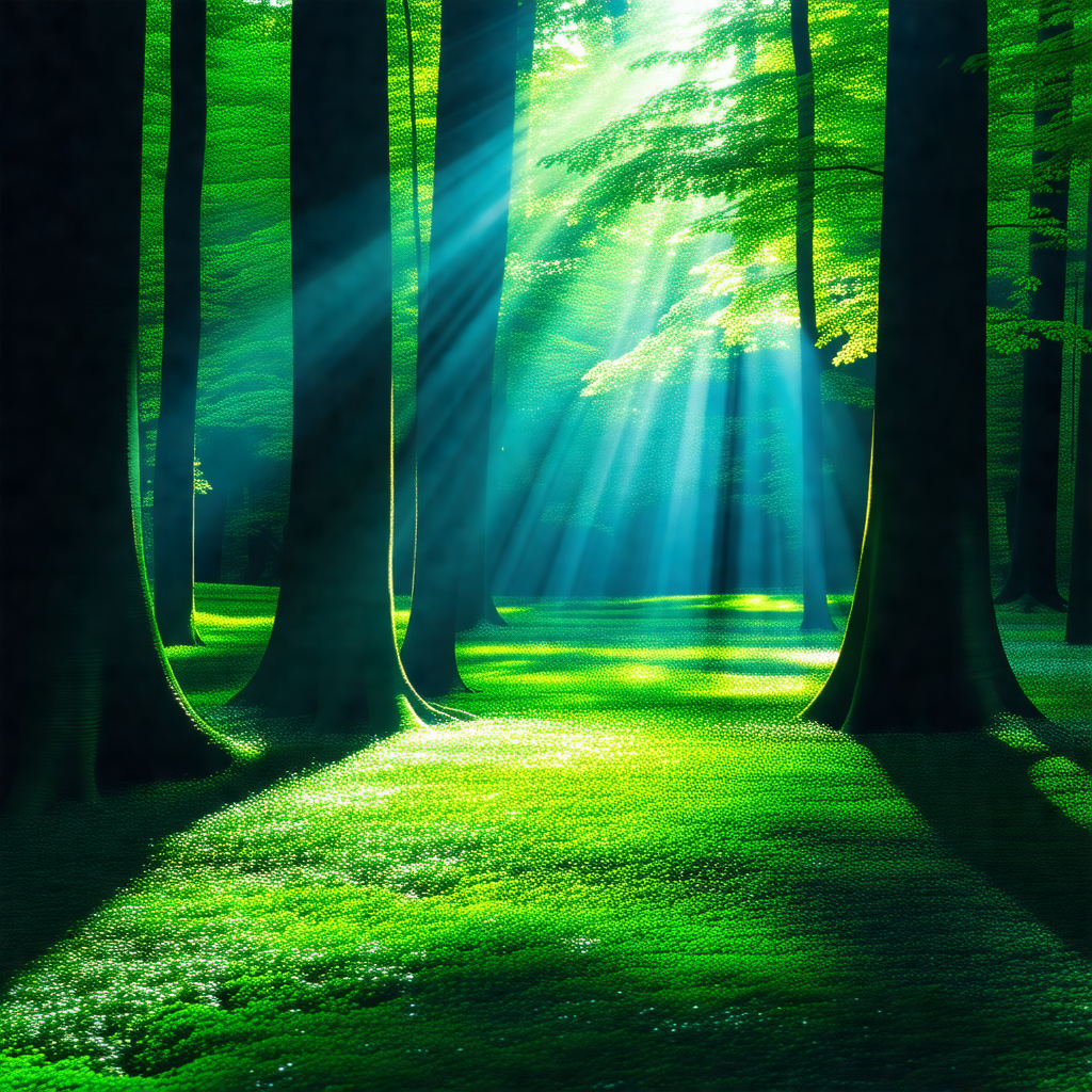 Lush green forest with a pathway leading through the trees