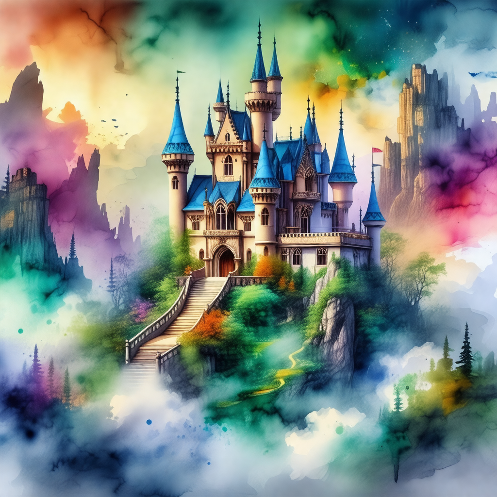 Colorful painting of a castle, with a staircase leading u...
