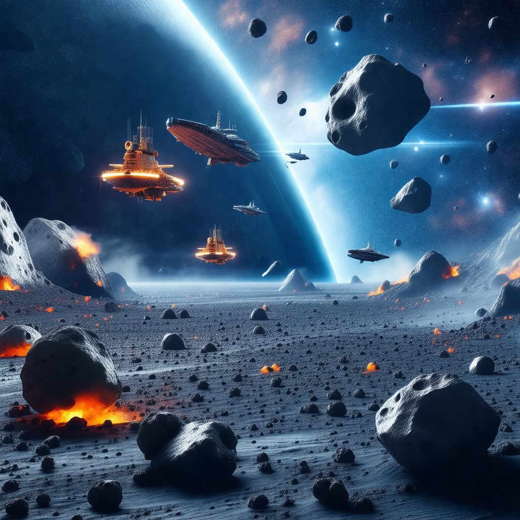 Futuristic scene with a group of spaceships flying throug...