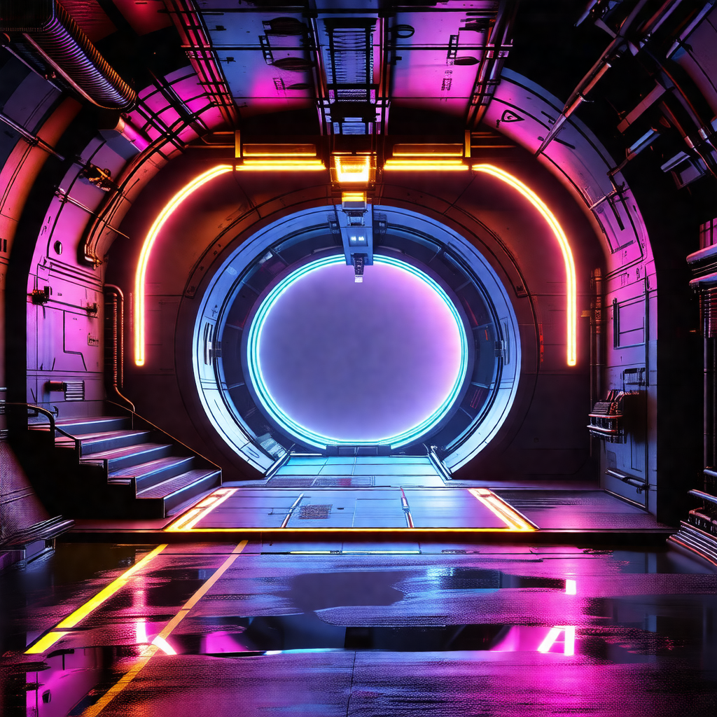Futuristic space station with a large, round, glowing ent...