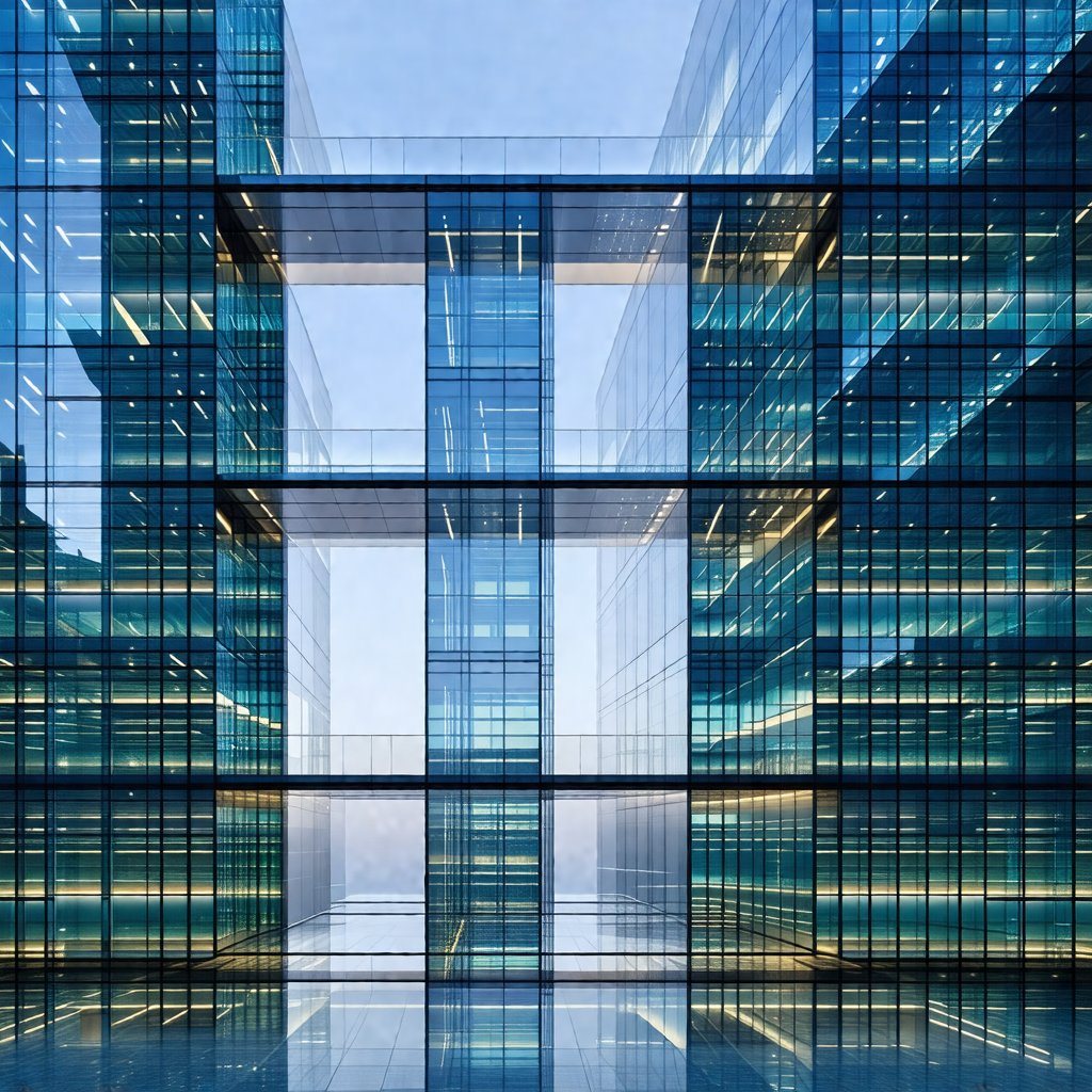 Large building with a glass facade, showcasing its modern...