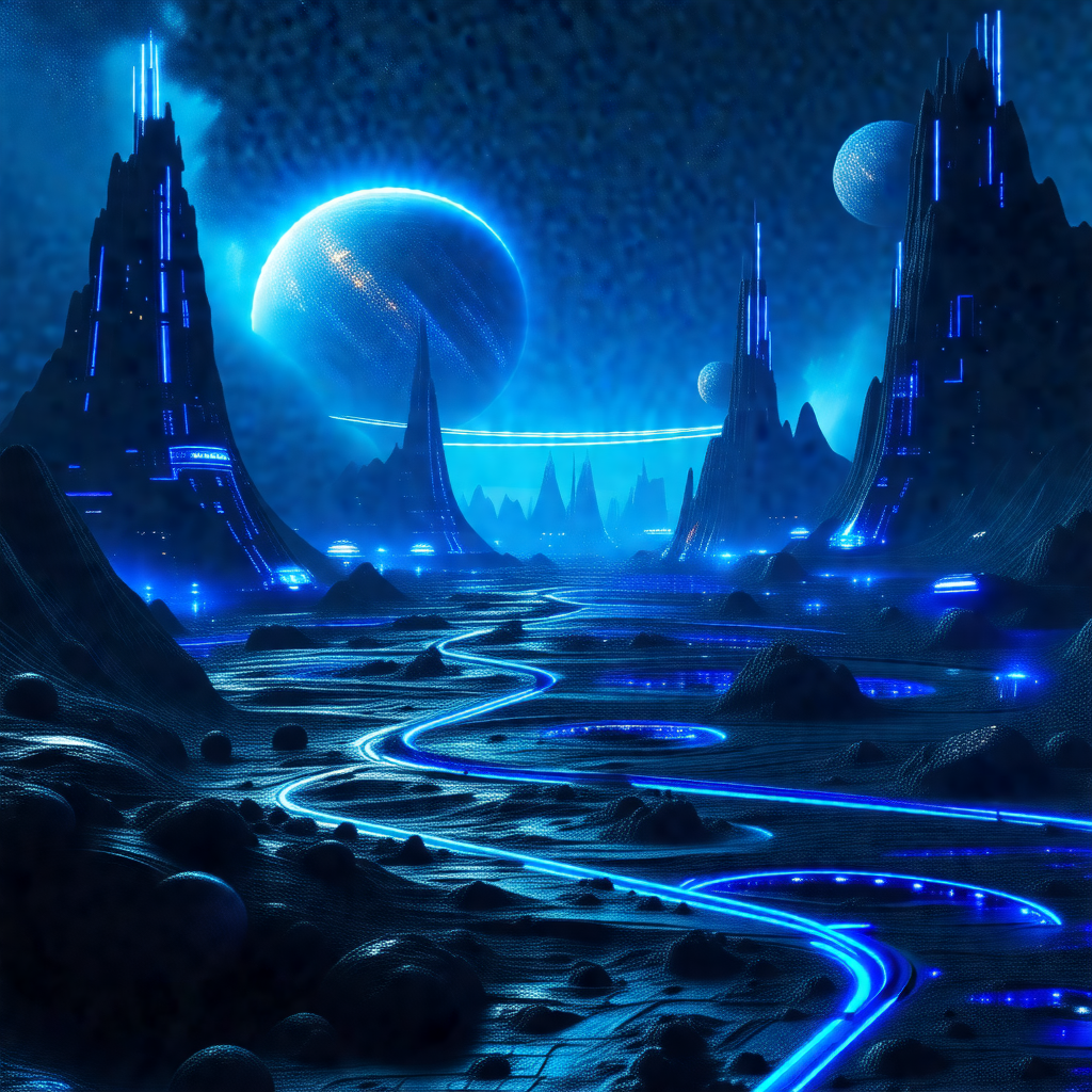 Futuristic scene featuring a blue sky with a few planets ...