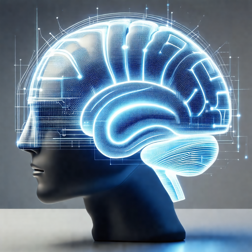 Close-up of a human head, with a blue light illuminating ...