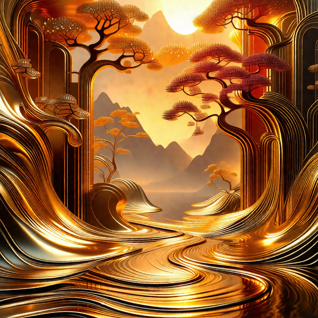 Painting of a forest with a river flowing through it