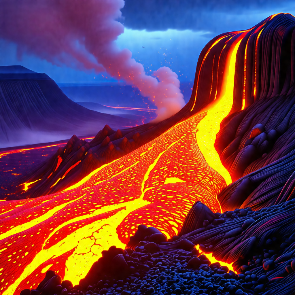 Large, red lava flow that is billowing smoke and ash