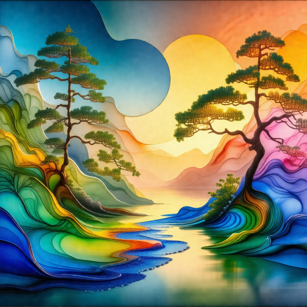 Painting of a beautiful landscape featuring two trees, on...