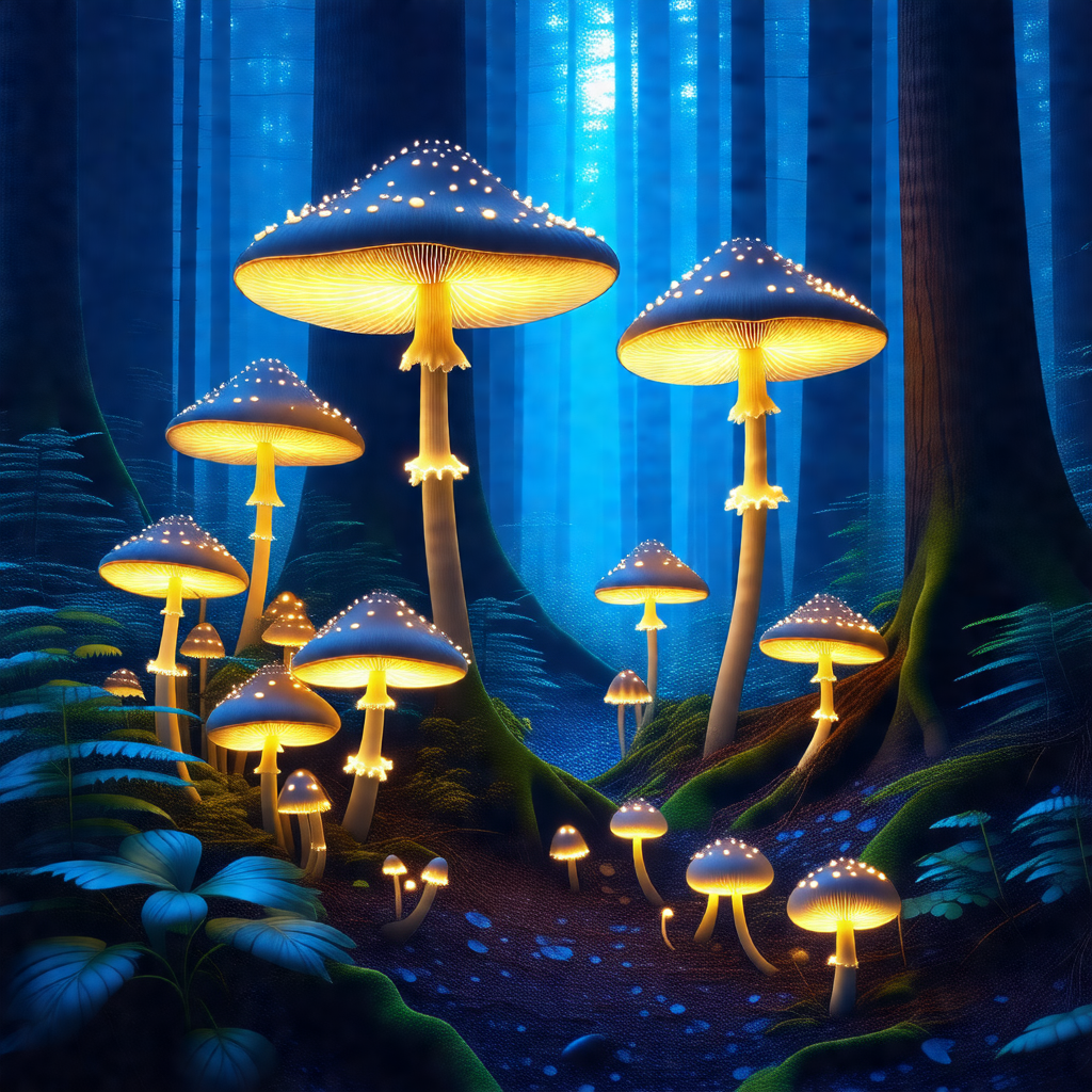 Forest with a group of mushrooms growing on the ground