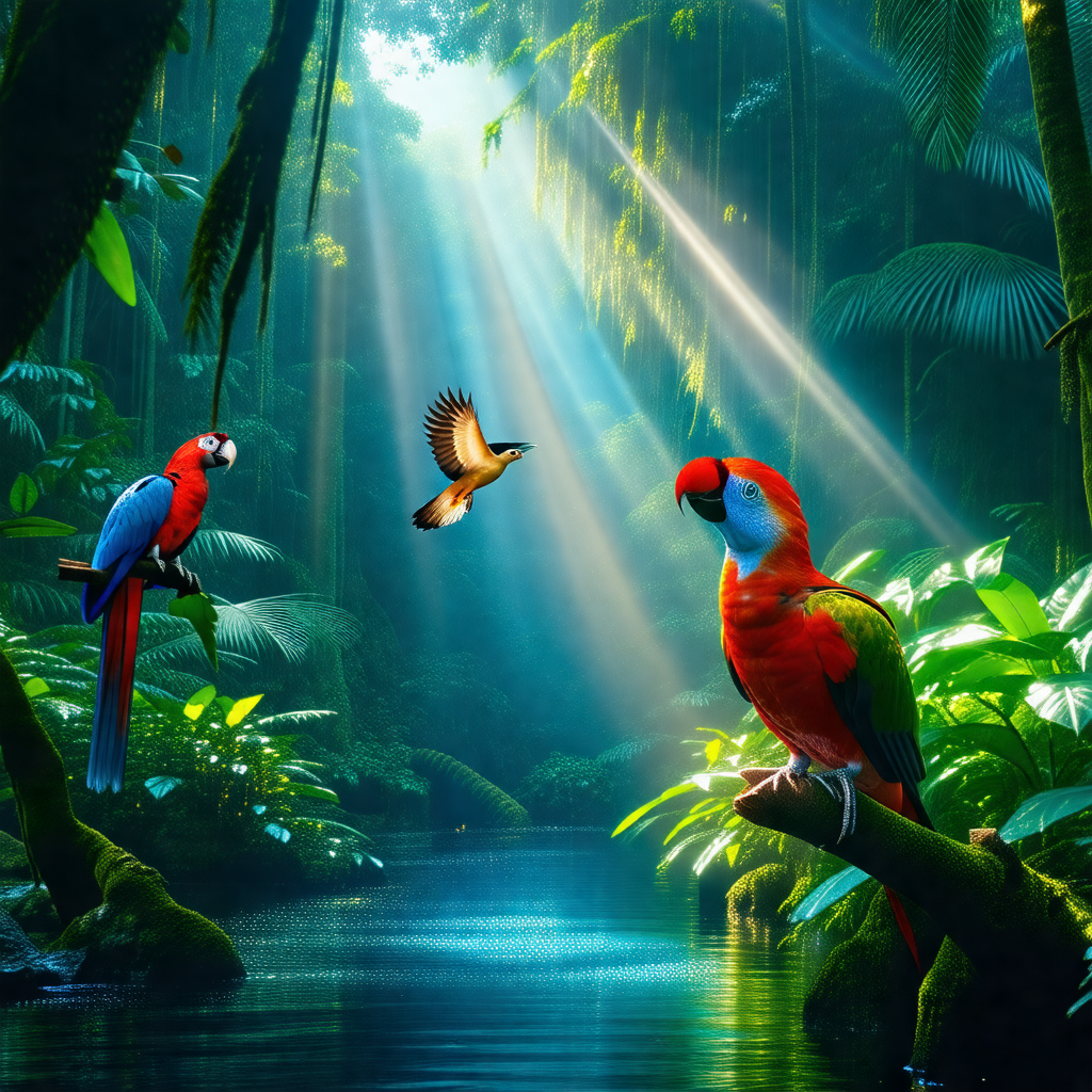 Lush green forest with two colorful parrots perched on tr...