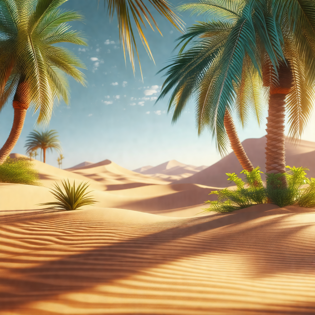 Sandy desert landscape with a few palm trees scattered th...
