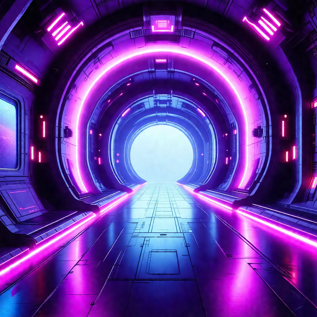 Futuristic scene featuring a long, narrow hallway with a ...