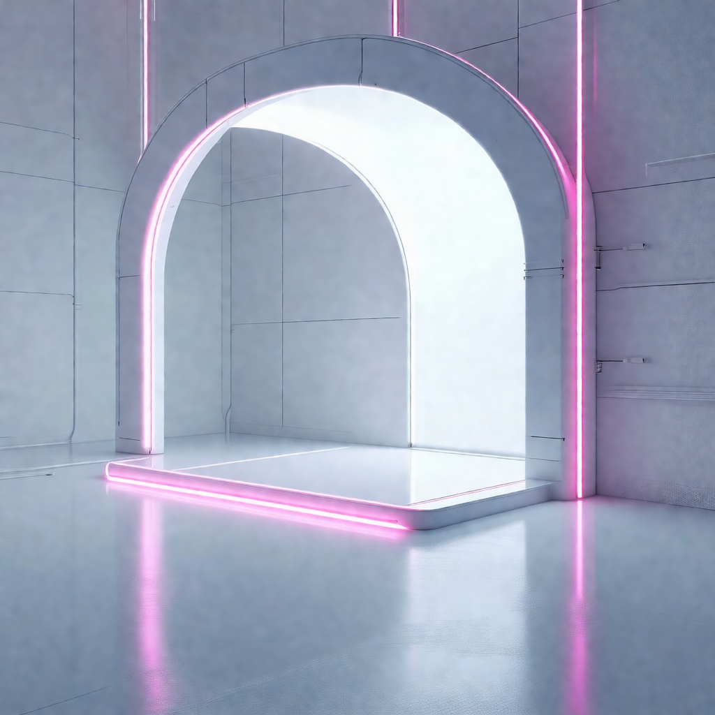 Large, open room with a white floor and a pink glow