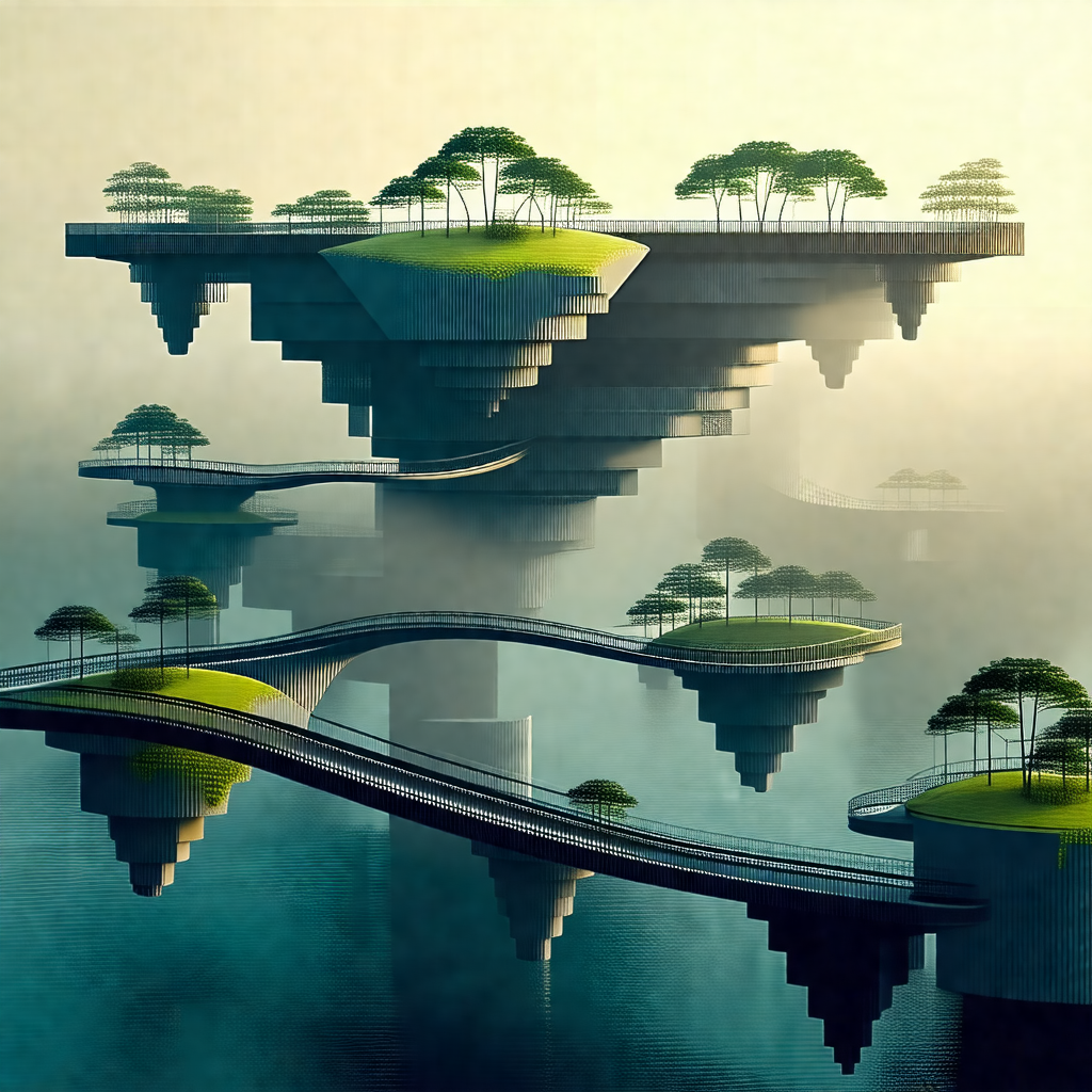3d rendering of a bridge with a forest of trees on top of it