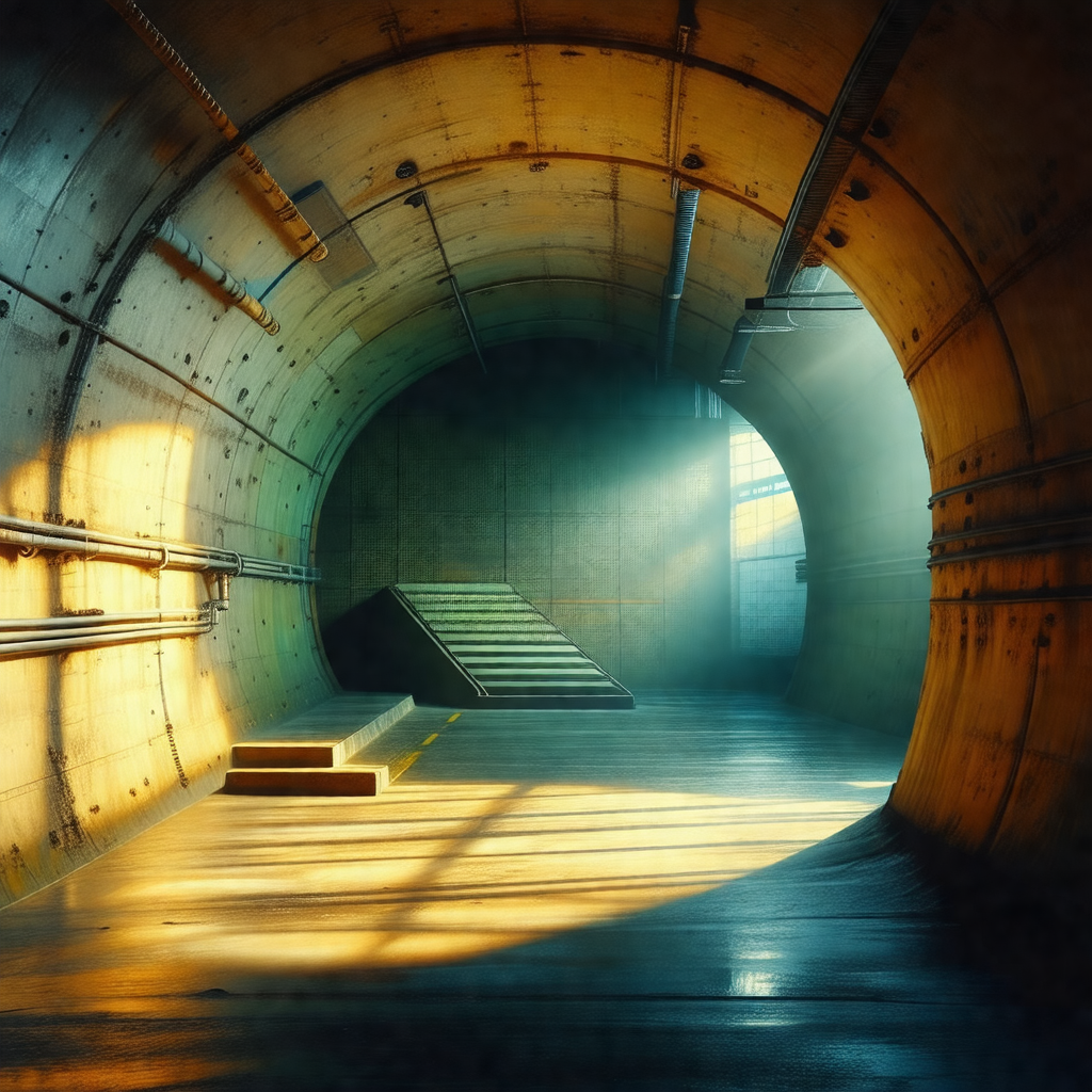 Large, dark tunnel with a staircase leading to the top of...