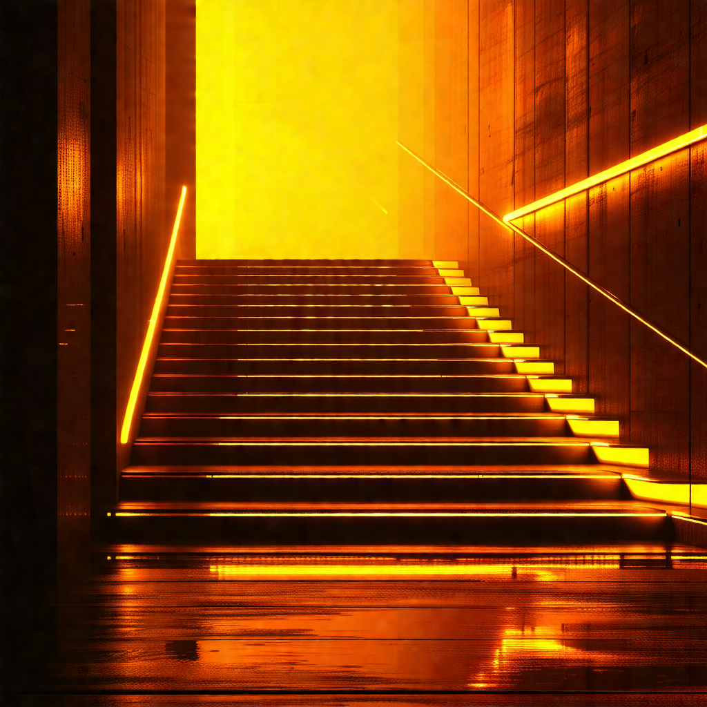 Staircase with a yellowish glow, giving it a warm and inv...