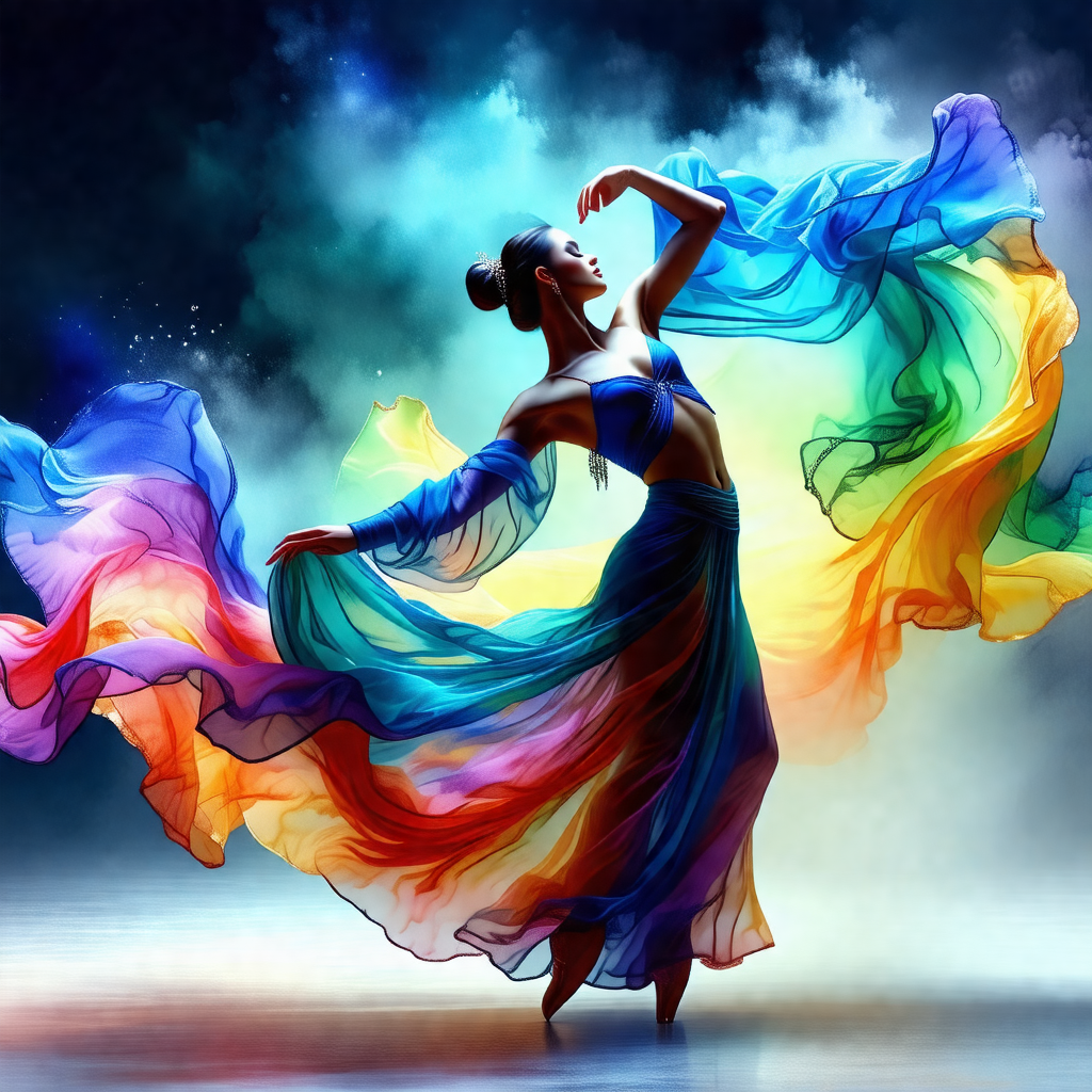 Woman in a flowing dress, dancing gracefully in a room