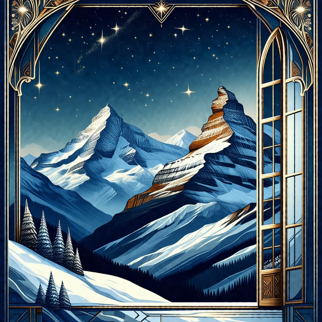 Painting of a mountainous landscape with a large mountain...