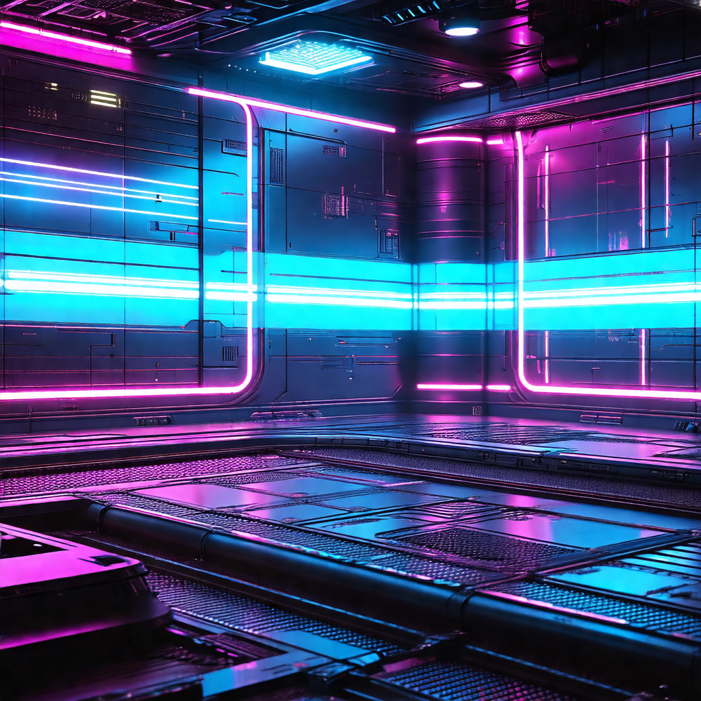 Futuristic room with a purple and blue color scheme