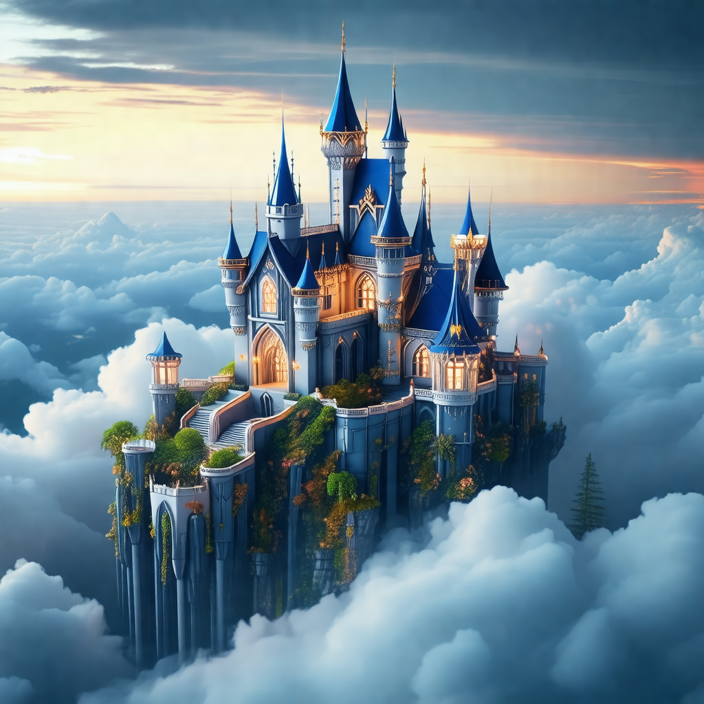 Large, intricate castle with a blue roof, situated on top...