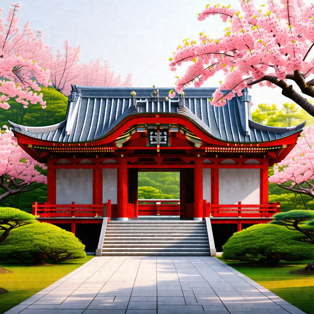 Beautiful red and white building with a red roof, surroun...