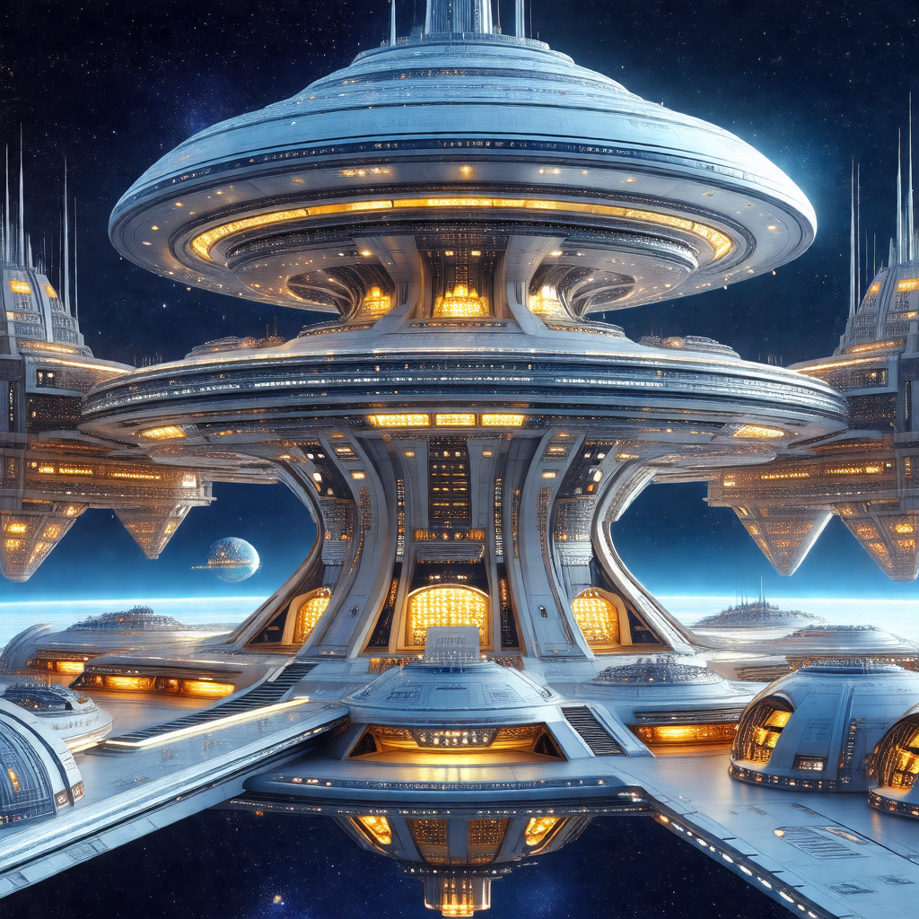 Futuristic space station with a large, round structure at...