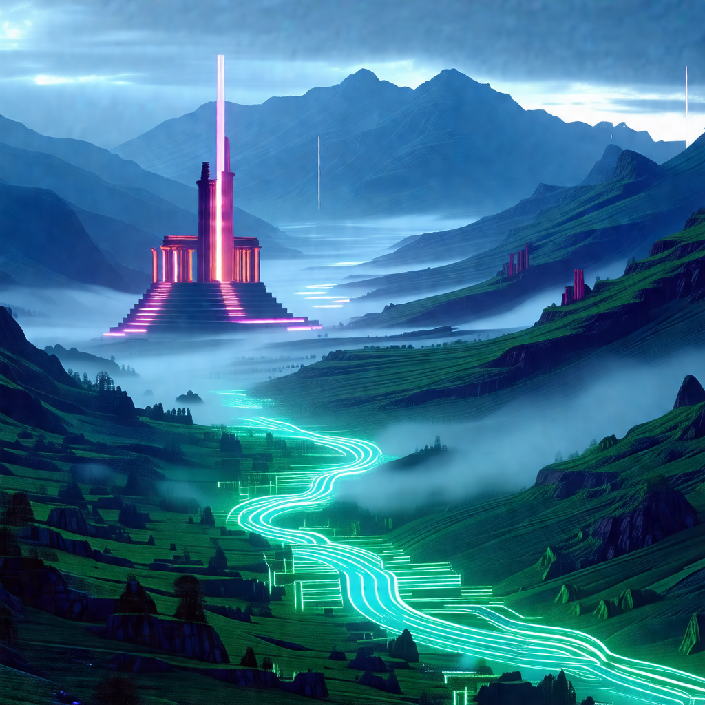 Colorful, computer-generated scene of a mountainous area ...