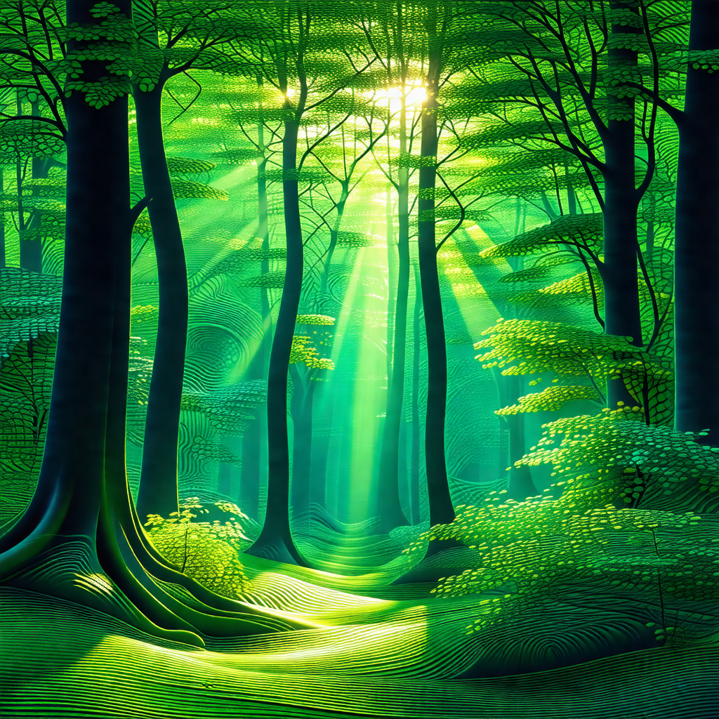 Lush green forest with a pathway leading through the trees