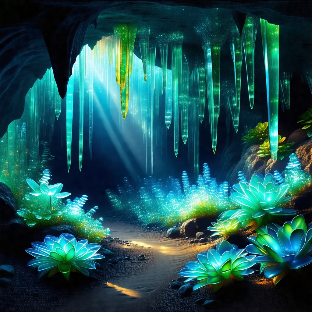 Digital painting of a cave with a path leading through it