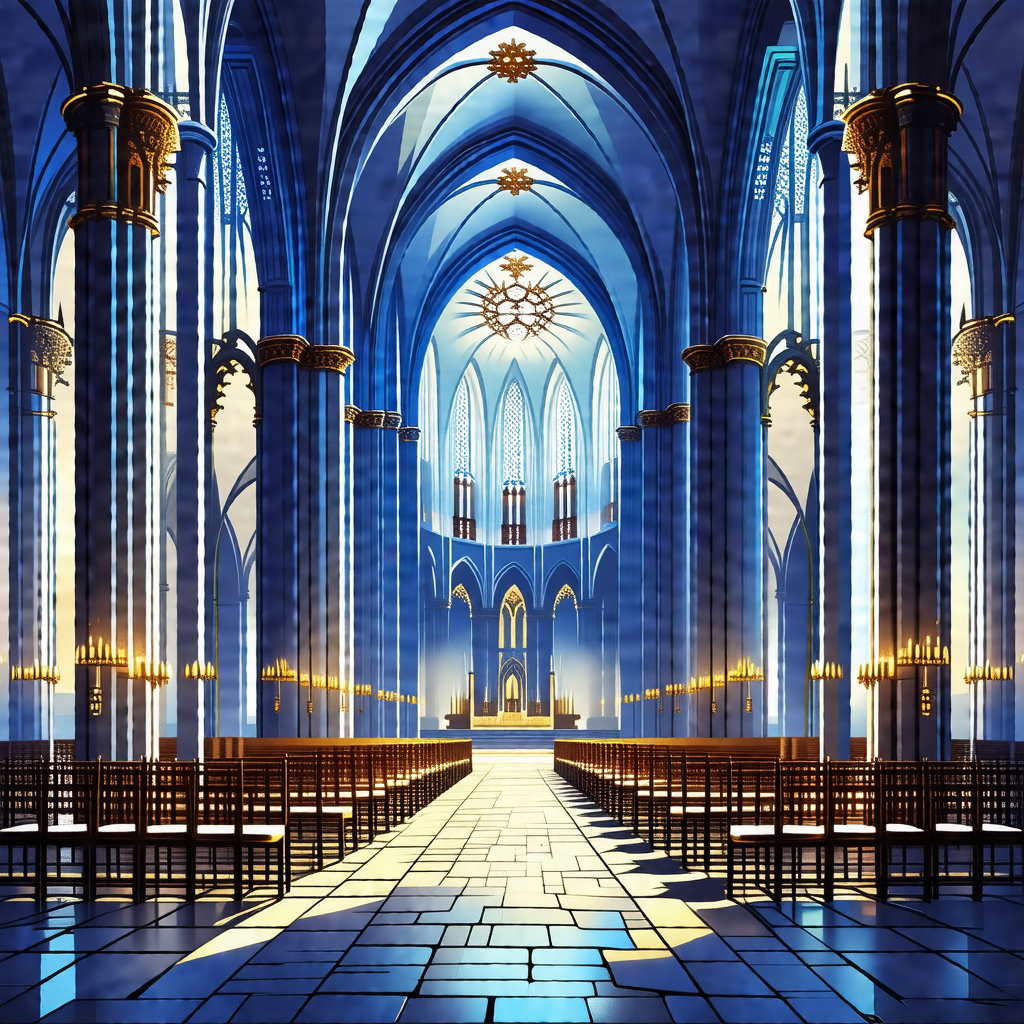Painting of a large cathedral with a blue and gold color ...