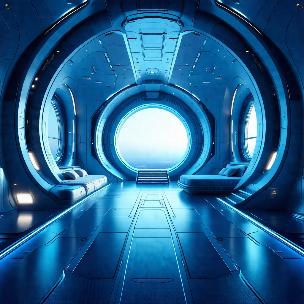 Futuristic space station with a large, open room that lea...