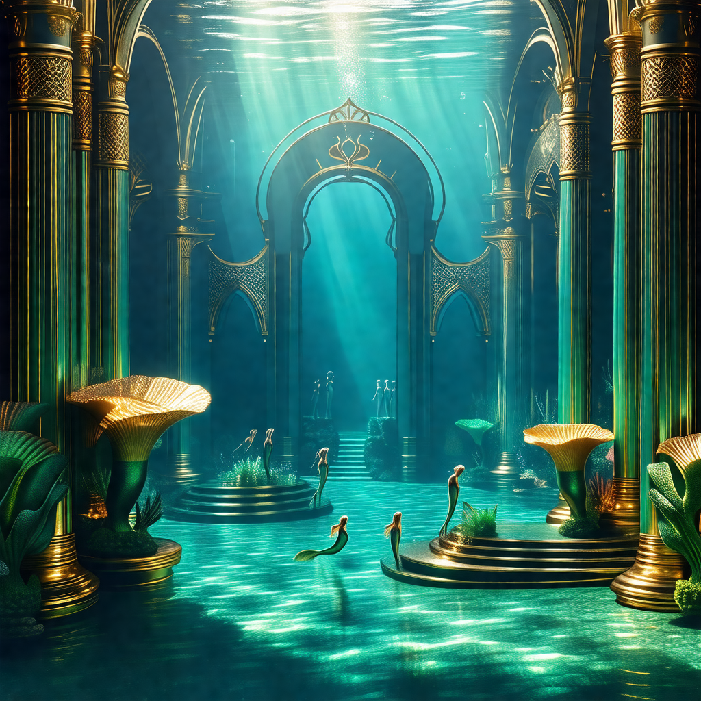 Beautiful underwater palace with a variety of statues and...