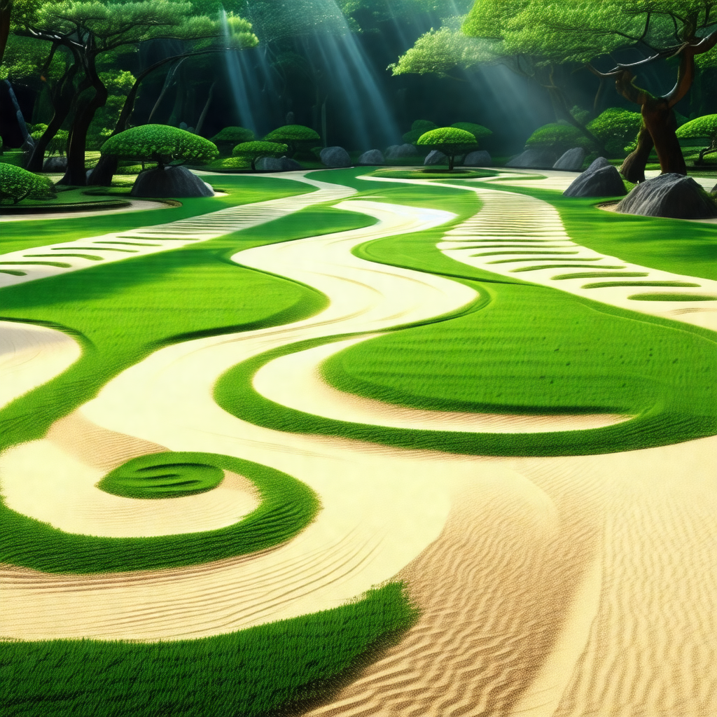 Lush green field with a sandy pathway running through it
