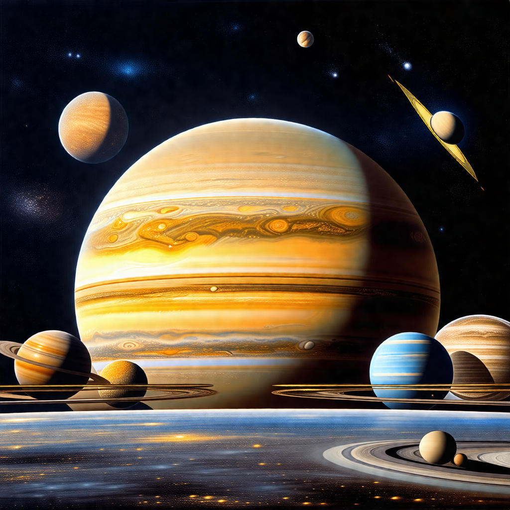Painting of a planet with several moons and planets surro...