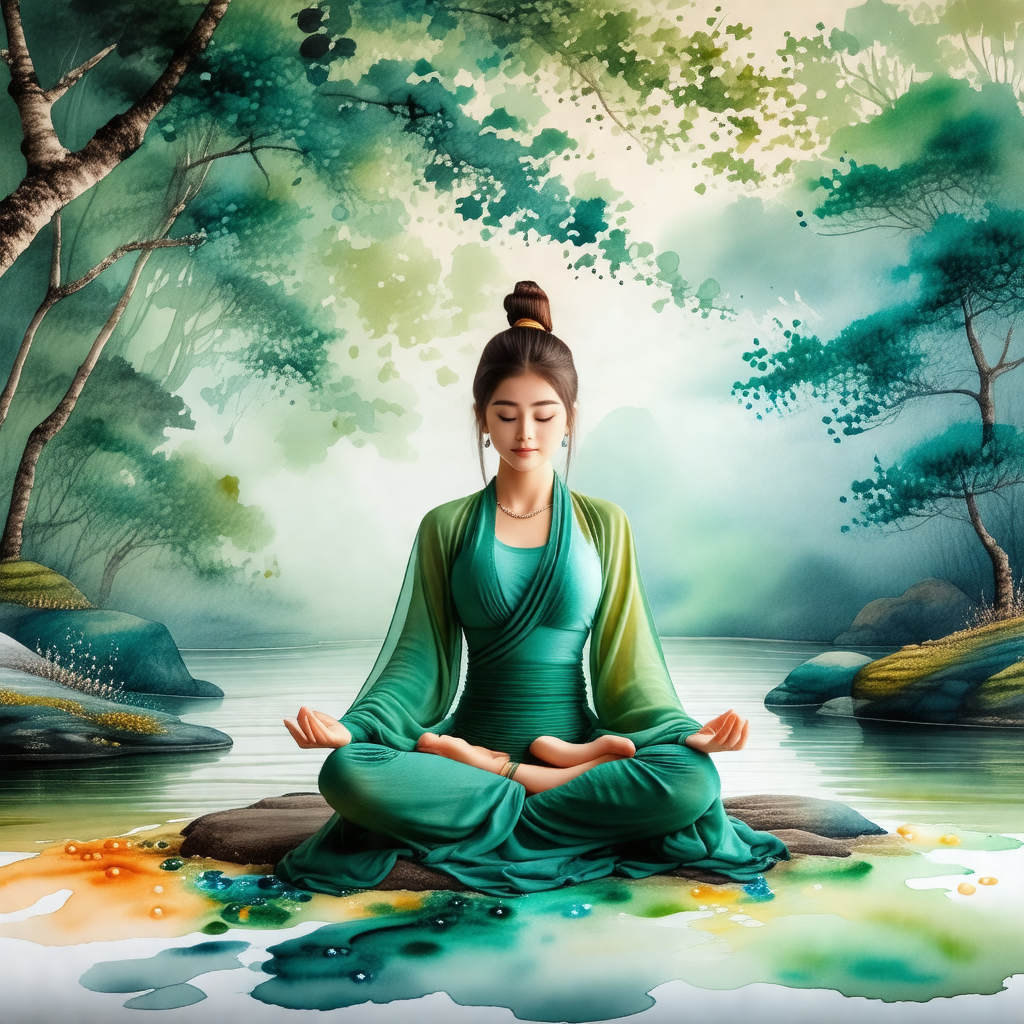 Woman sitting in a lotus position on a rock in a serene e...
