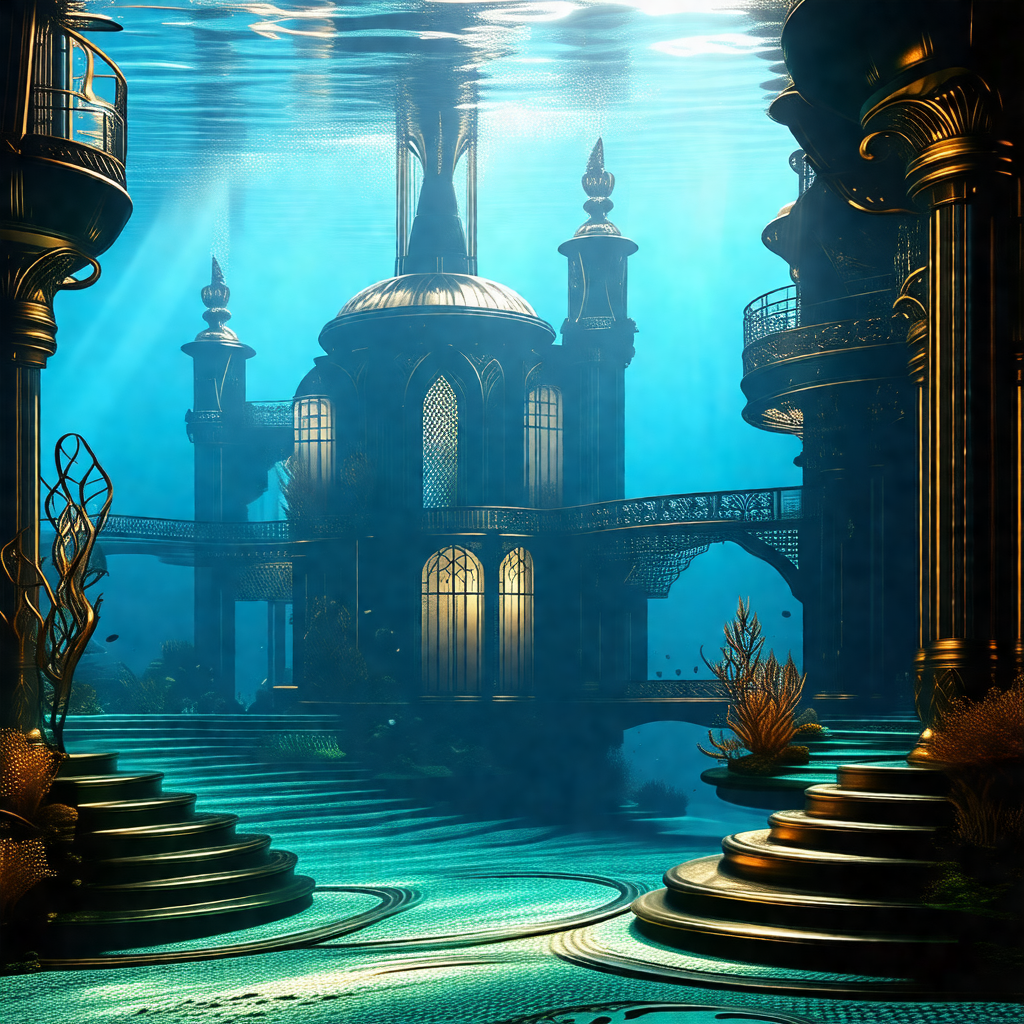 Fantasy artwork of a castle underwater, with a large dome...