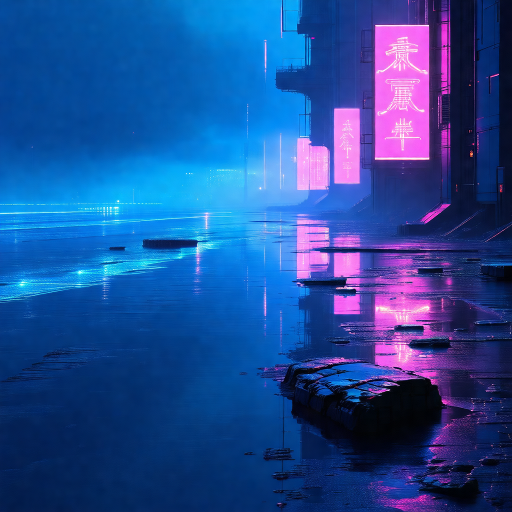 Futuristic cityscape with a pink glow, giving it a surrea...