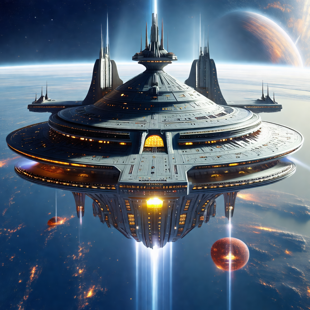 Futuristic spacecraft with a large, round, and metallic d...