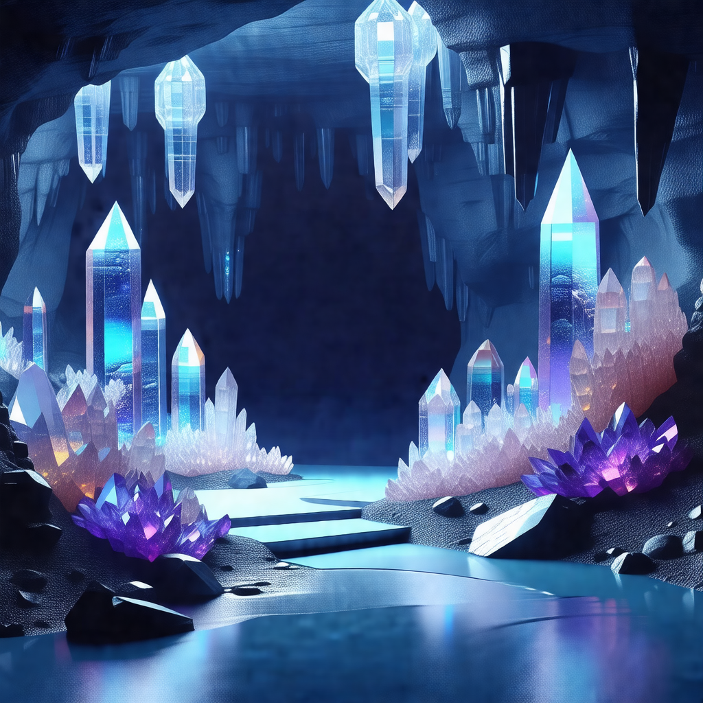 3d animated scene of a cave with a blue waterfall
